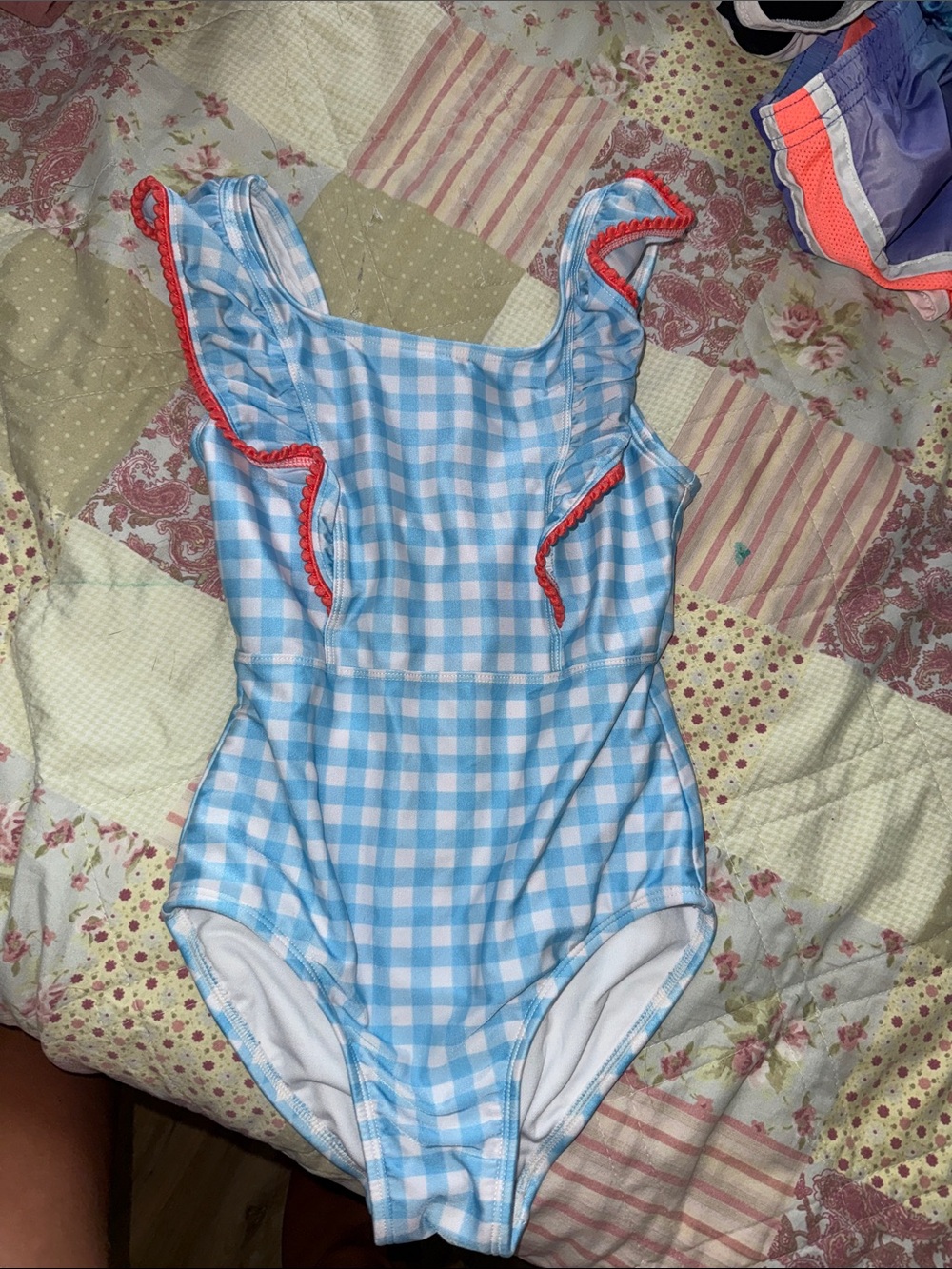 Cat & Jack Blue and White Gingham Swimsuit with Red Trim